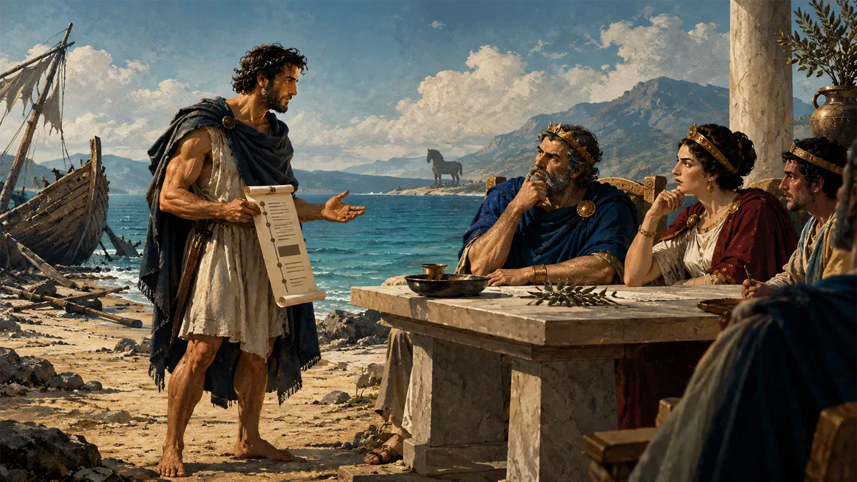 Ulisse mostra il proprio curriculum agli investitori riuniti a Itaca, con una nave e il mare sullo sfondo.