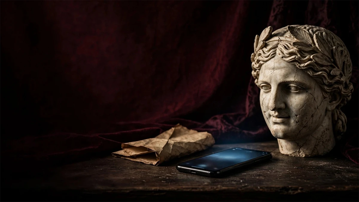 Statue der griechischen Göttin Apate neben einem Brief und einem Smartphone, als Bild für Täuschung und Phishing.