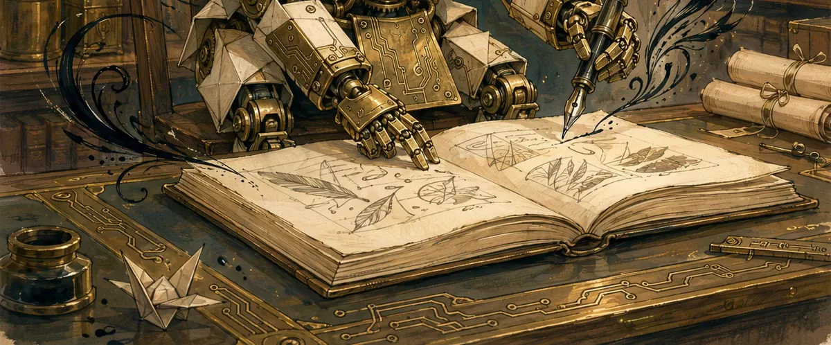 Un automa d’ottone scrive in un libro aperto fra circuiti e diagrammi, immagine sulla mente bicamerale e l’Odissea.