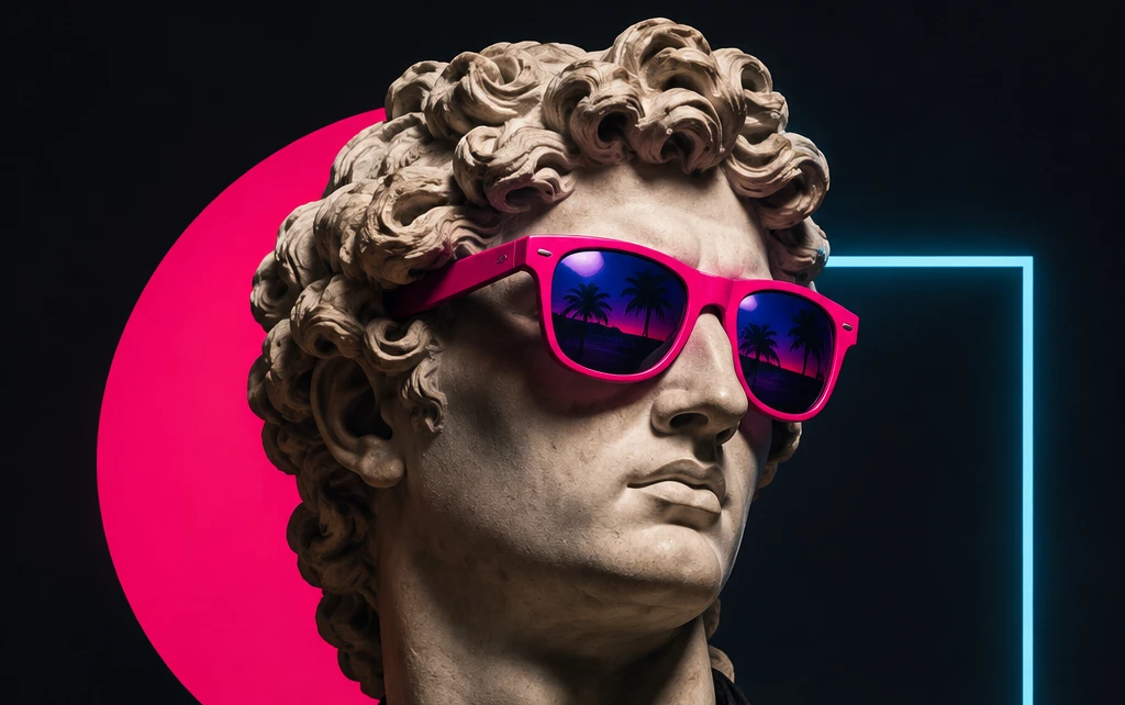 Busto clásico con gafas de sol fucsias ante formas de neón, símbolo del vínculo entre la mitología griega y las marcas actuales.