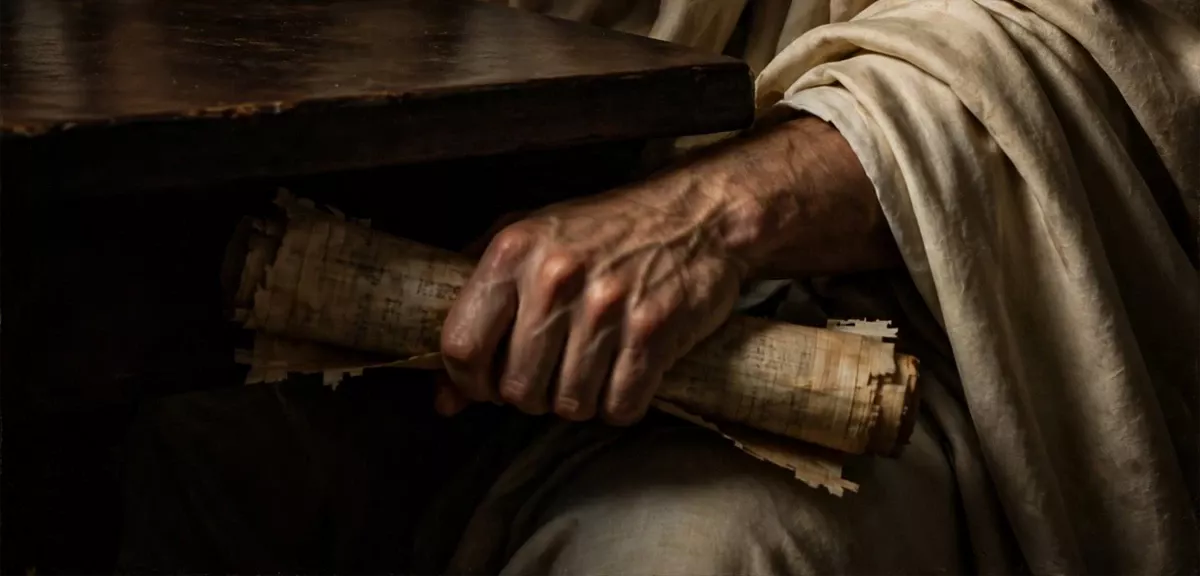 Mano che stringe un rotolo di papiro in una scena d’ispirazione romana, per Catullo e il Carme 16.