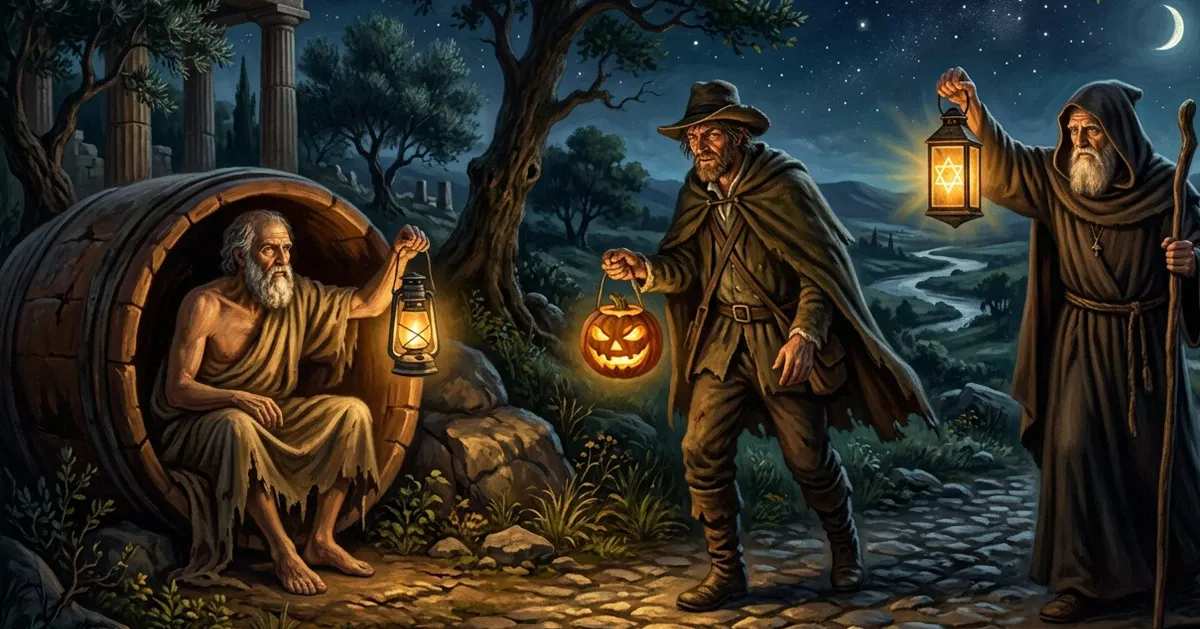Diogene nella botte con una lanterna, Stingy Jack con la zucca illuminata e un eremita con lanterna sotto la luna.