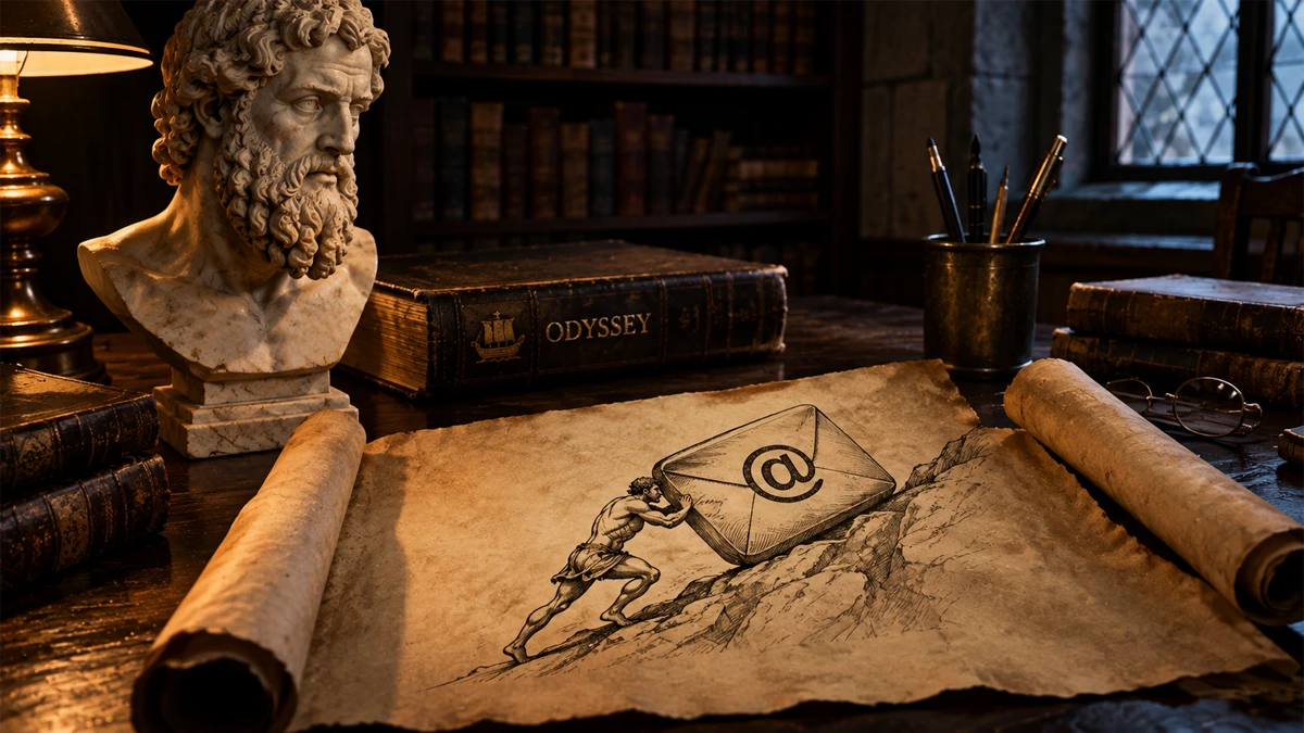 Bibliothèque ancienne dans la pénombre : sur un pupitre en bois, à côté d’un buste de marbre de philosophe grec et d’un vieux livre au titre Odyssey imprimé en or, un parchemin ouvert montre un dessin satirique à l’encre : Sisyphe poussant au haut d’une pente raide un rocher en forme de courriel avec l’arobase.