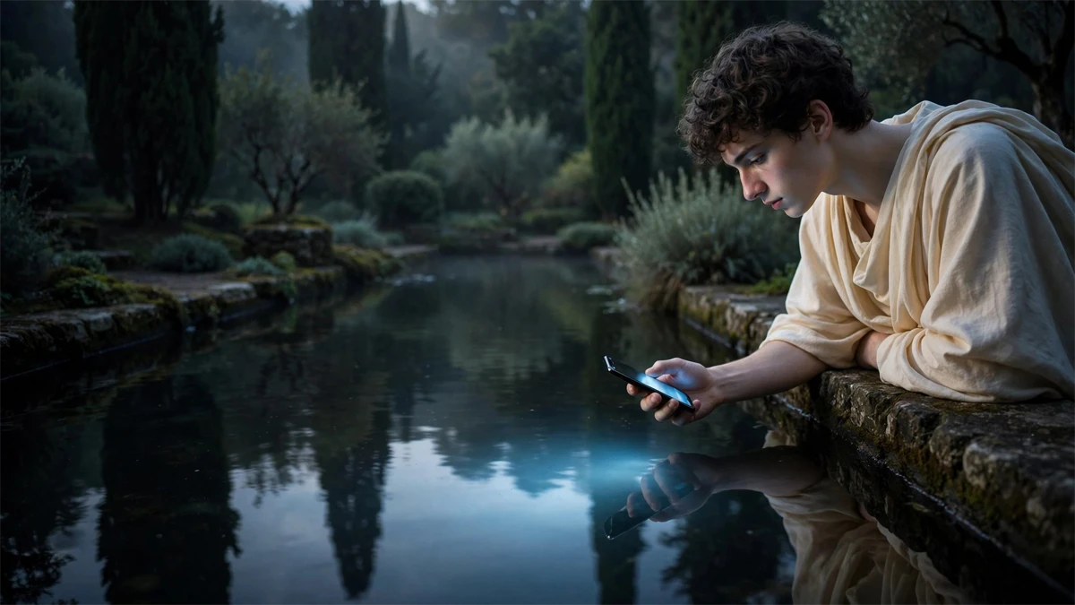 A young man checks his phone beside a garden pool, where his reflection evokes the myth of Narcissus and the digital echo chamber.