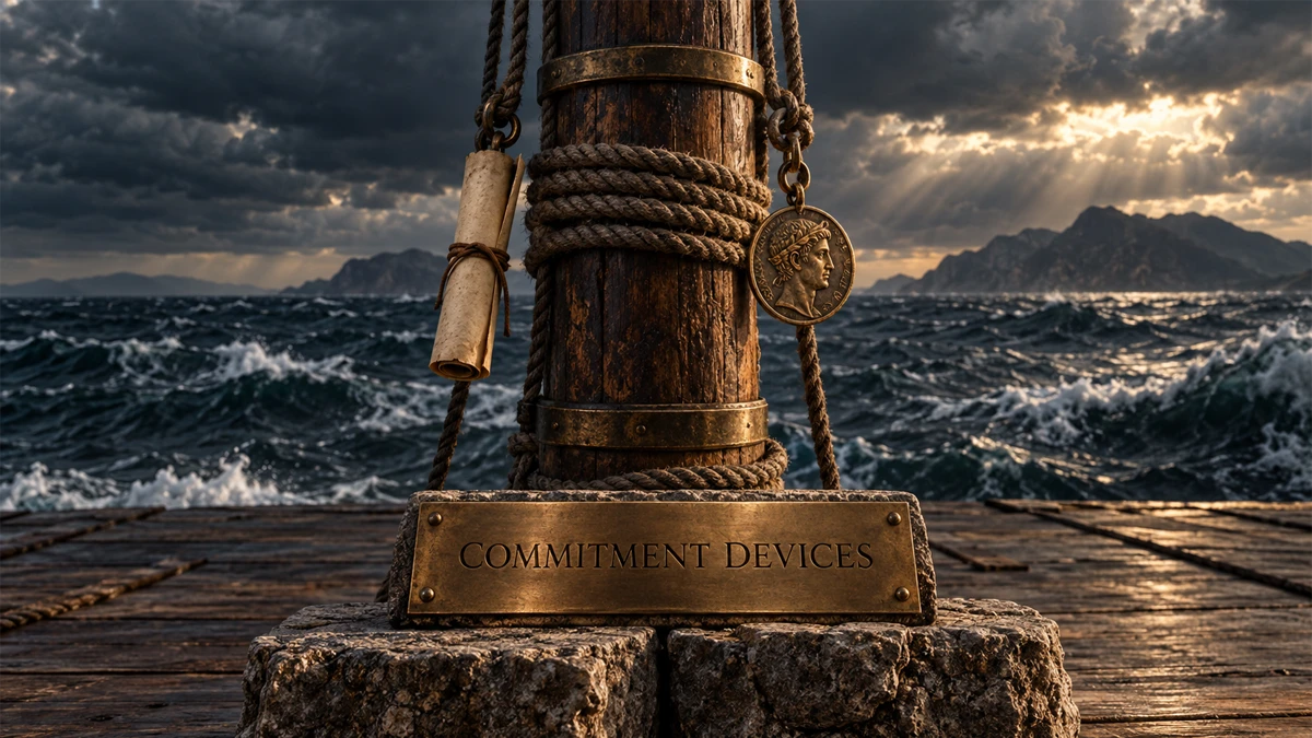 Großmast, umwickelt mit Hanfseilen und Bronzeringen, eine gerollte Pergamentrolle und eine Münze hängen an den Seilen, im Hintergrund das stürmische Ägäische Meer unter bedecktem Himmel