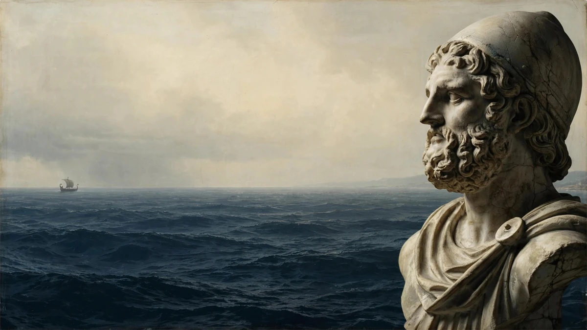 Büste des Odysseus am Meer mit einem Schiff am Horizont, inspiriert von Gesang 26 aus Dantes Inferno.