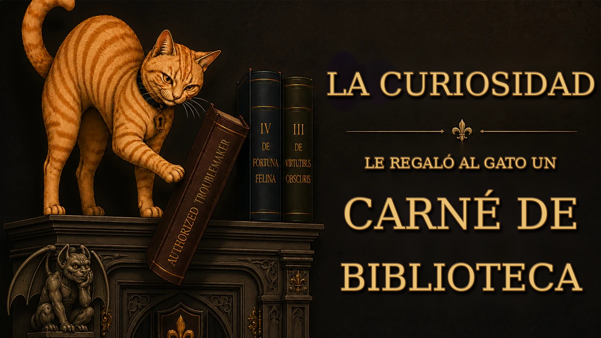 Ilustración de un gato atigrado sobre una pila de libros, junto al eslogan «La curiosidad le regaló al gato un carné de biblioteca».