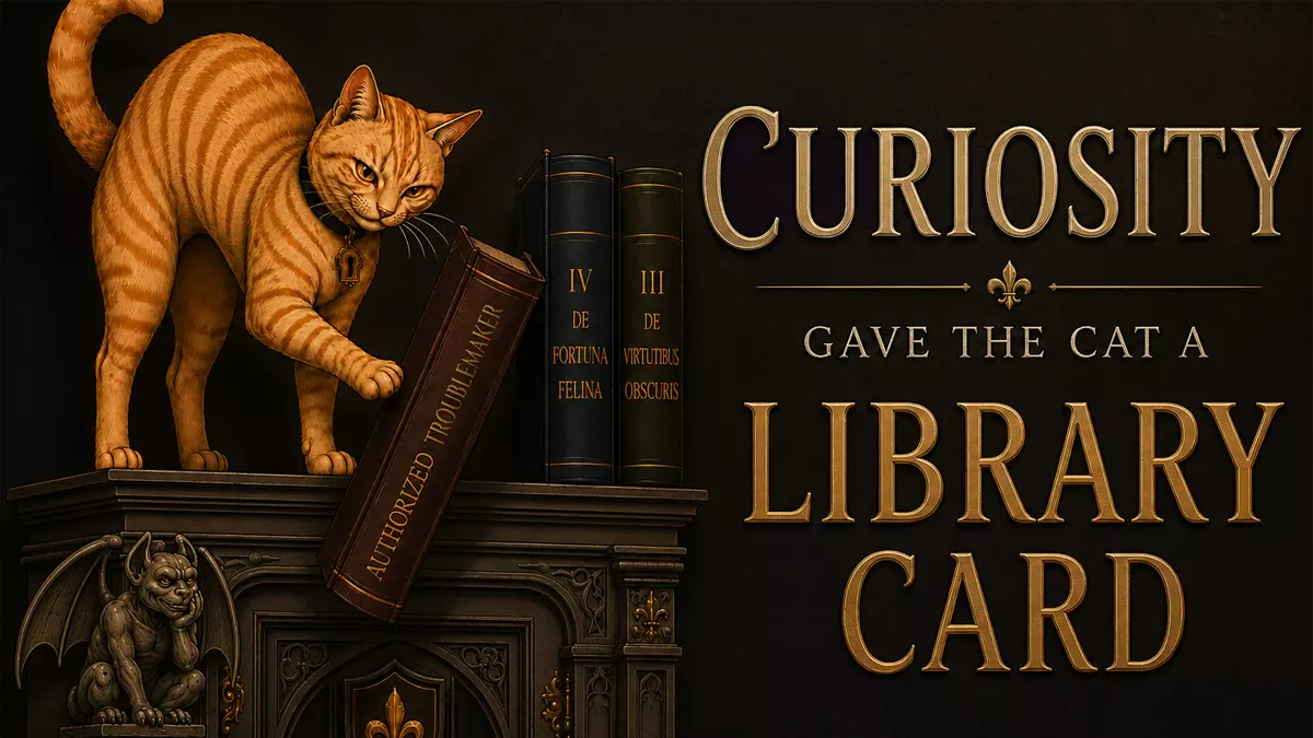 Illustration of a tabby cat perched on a stack of books, beside the slogan “Curiosity gave the cat a library card”.