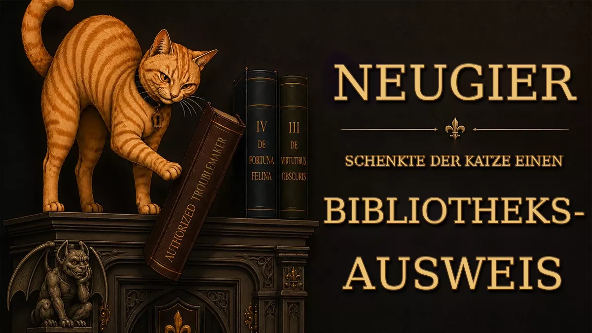 Illustration einer getigerten Katze auf einem Bücherstapel neben dem Slogan „Neugier schenkte der Katze einen Bibliotheksausweis“.