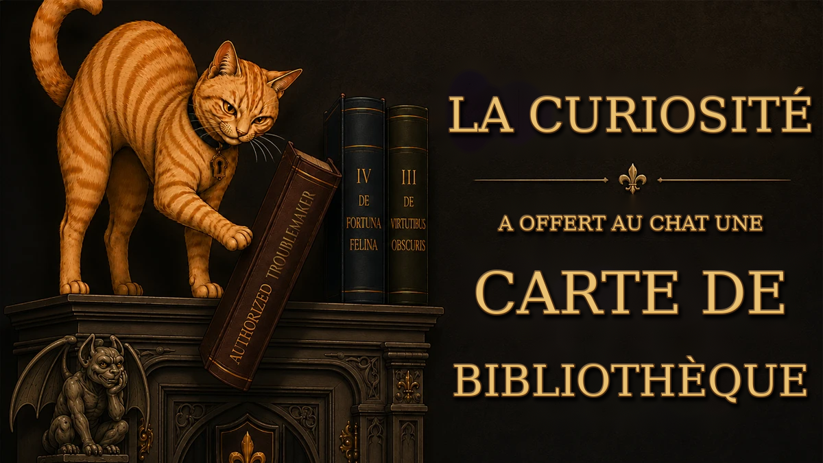 Illustration d’un chat tigré sur une pile de livres, avec le slogan « La curiosité a offert au chat une carte de bibliothèque ».