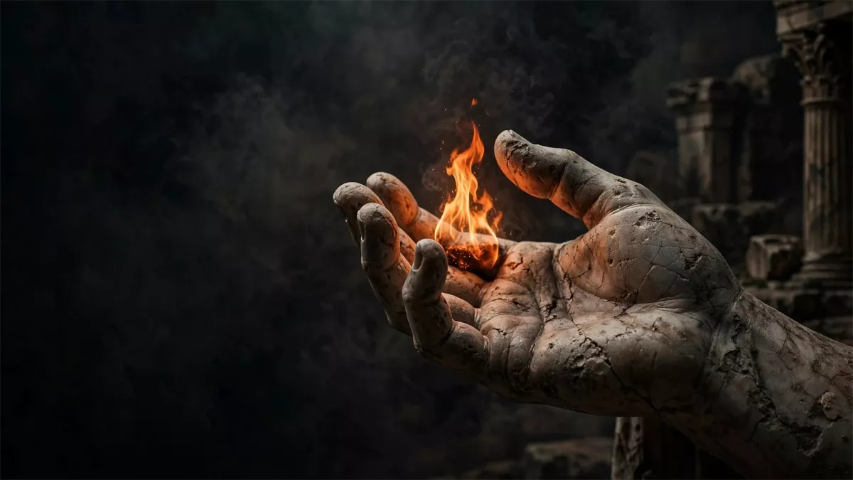 Una mano regge una fiamma davanti a rovine classiche in penombra.