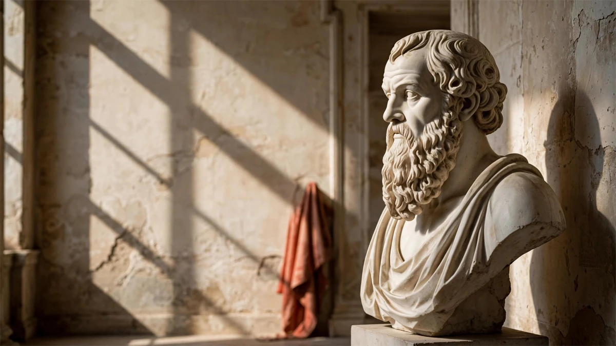 Buste en marbre de Socrate dans une salle antique, éclairé par la lumière du soleil.