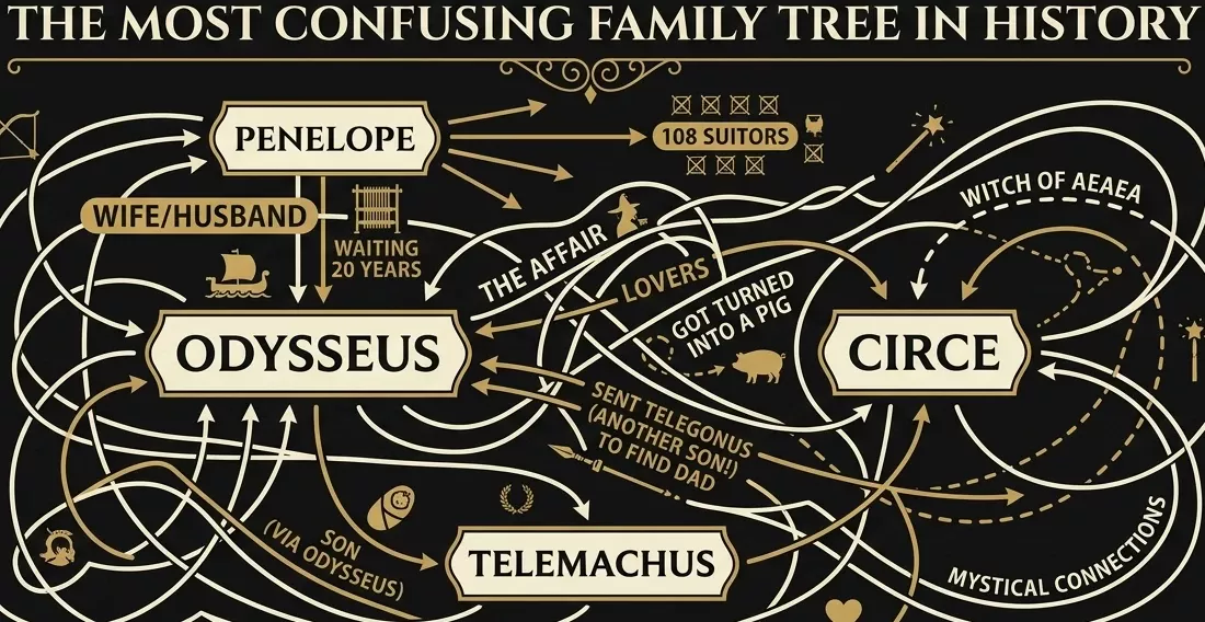 Schema genealogico di Odisseo con Penelope, Telemaco, Circe e Telegono.