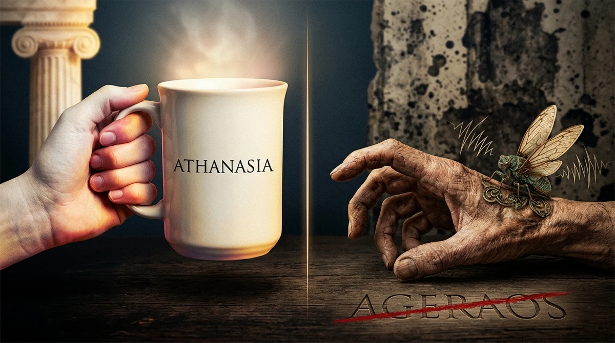 Una taza con la inscripción ATHANASIA junto a una mano joven y otra envejecida con una cigarra, imagen del mito de Titono.