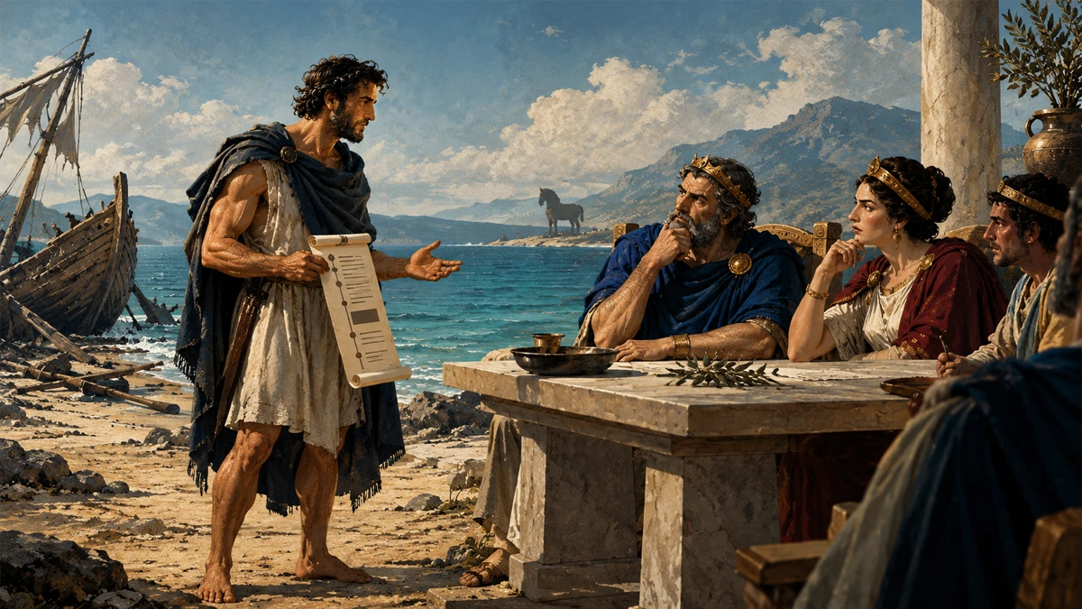 Ulises presenta su currículum a un grupo de inversores en Ítaca, con un barco y el mar al fondo.