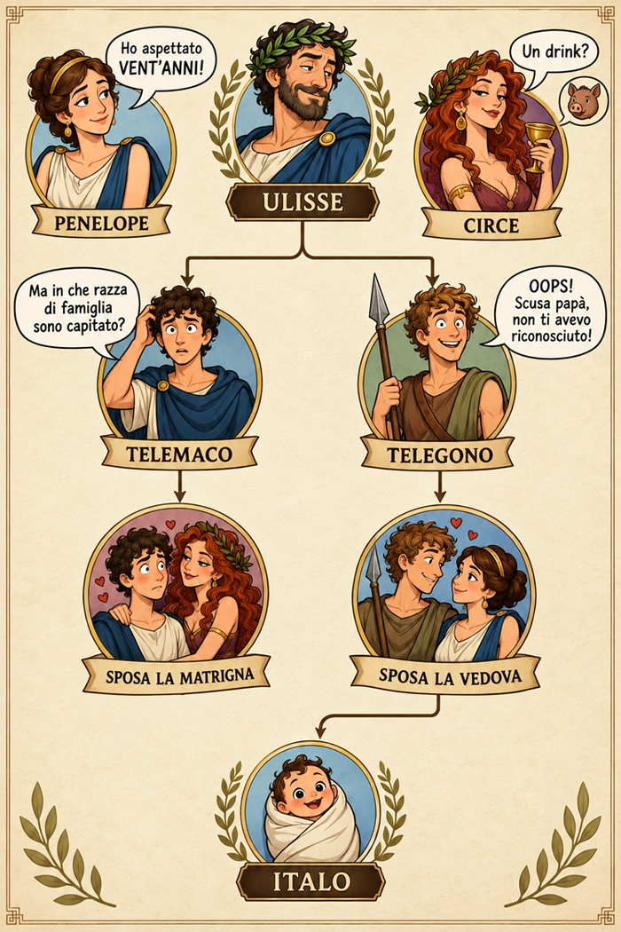 Delirio genealogico: prospetto di come si riorganizza la famiglia reale di Itaca.