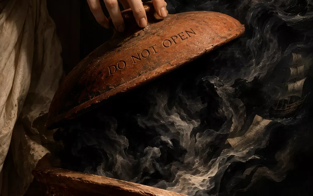 Una mano solleva il coperchio del vaso di Pandora, inciso “DO NOT OPEN”, mentre ne esce una nube di fumo.